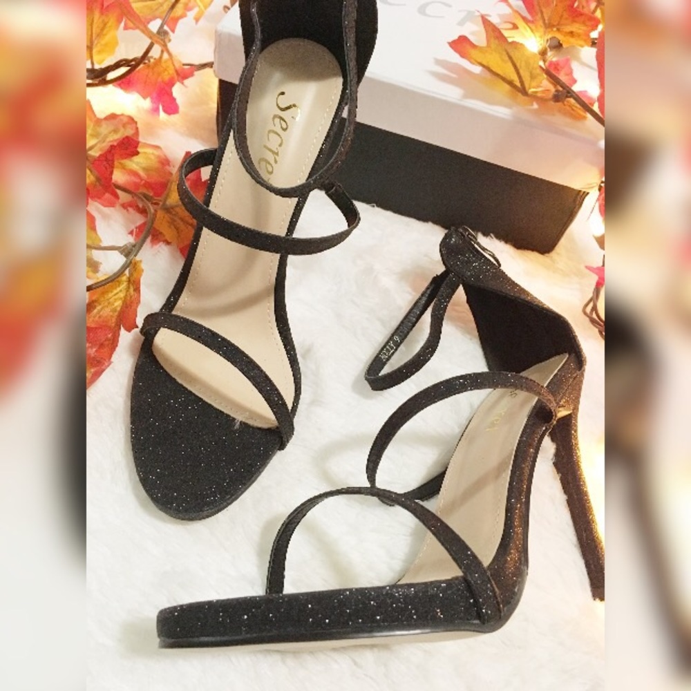 NEW Black Glitter caged vegan strappy heels